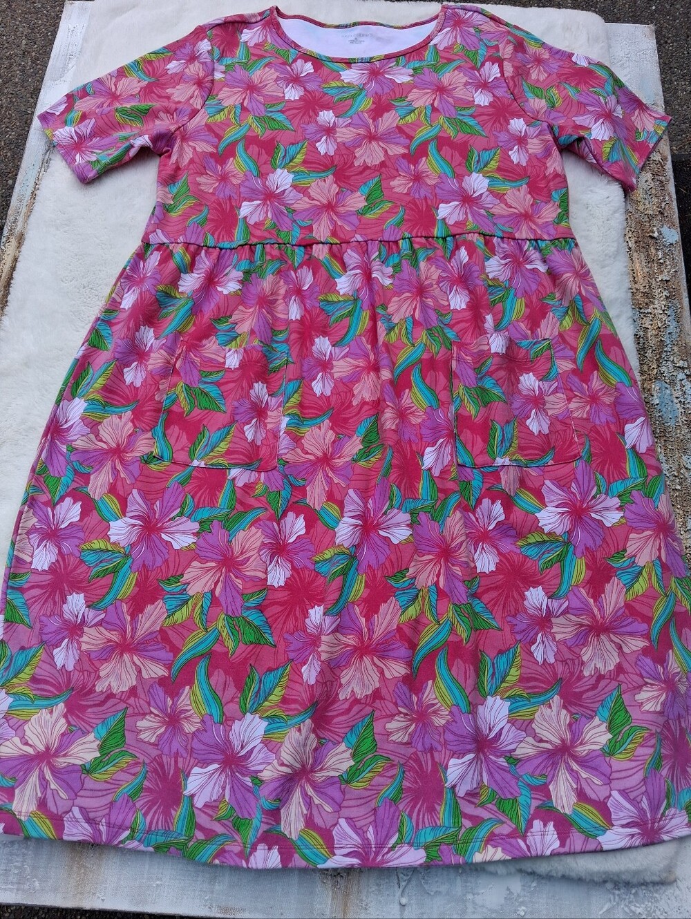 Appleseed's Pink Floral Pocket Dress with Green Leaf Accents Size XL